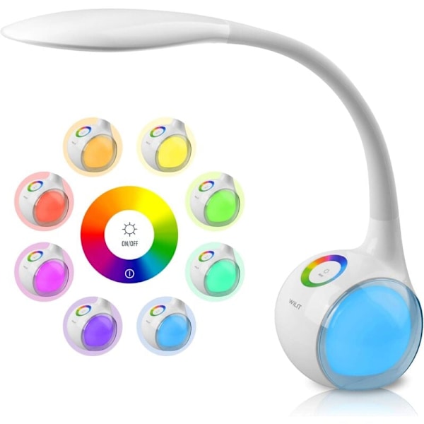 Børne Skrivebordslampe med RGB Farve Natlys, Dæmpbar LED Sengelampe, Touch Kontrol LED Lampe med Farvelys og 3 Lysstyrkeniveauer, Hvid
