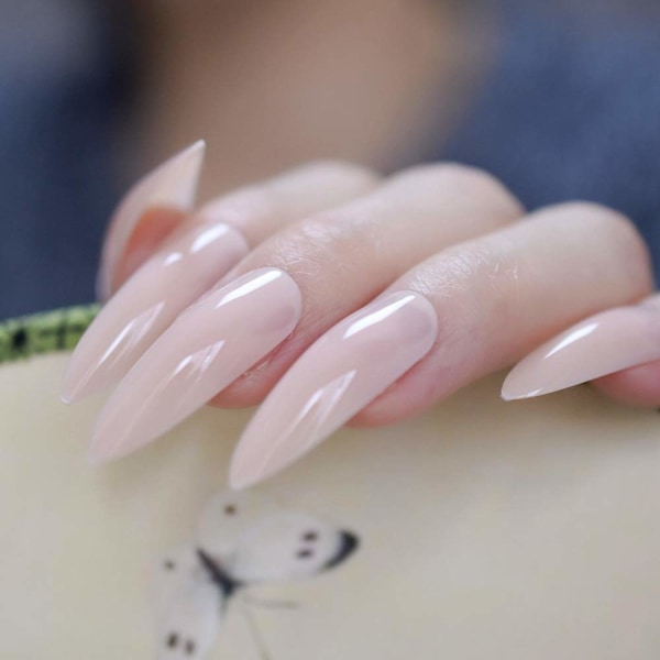 Naturlige Nude Ekstra Lange Salon Negle Skarpe Spidser Gel Glans Tryk På Fingernegle til Fest Ekstremt Stiletto Manicure Spidser