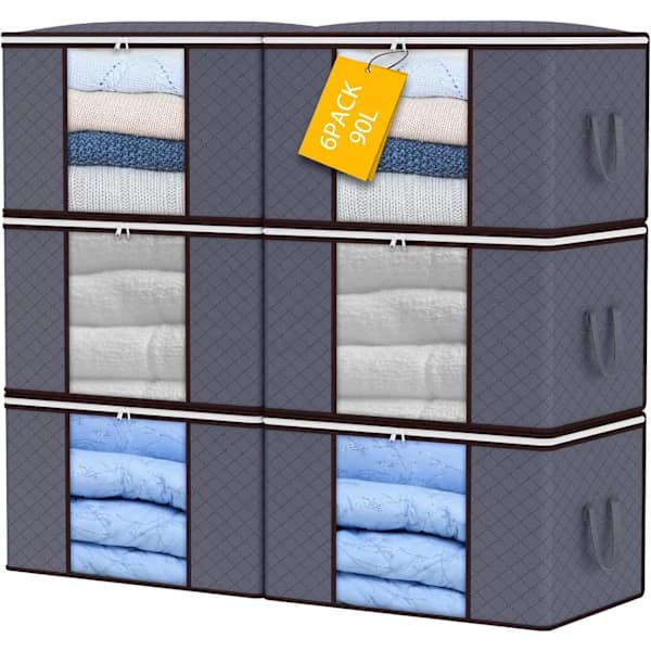 90L Storage Bags, 6-Pack Large Clothes Storage Boxes with Lids and Zippers, Foldable Clothes Storage Boxes with Reinforced Handle
