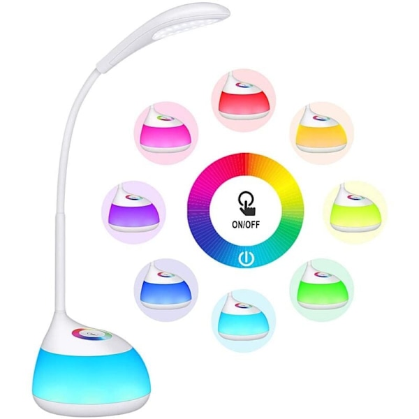 Børne Skrivebordslampe med Justerbart Farverigt Lys - 3 Lysstyrkeniveauer, Fleksibel Arm, USB-Port