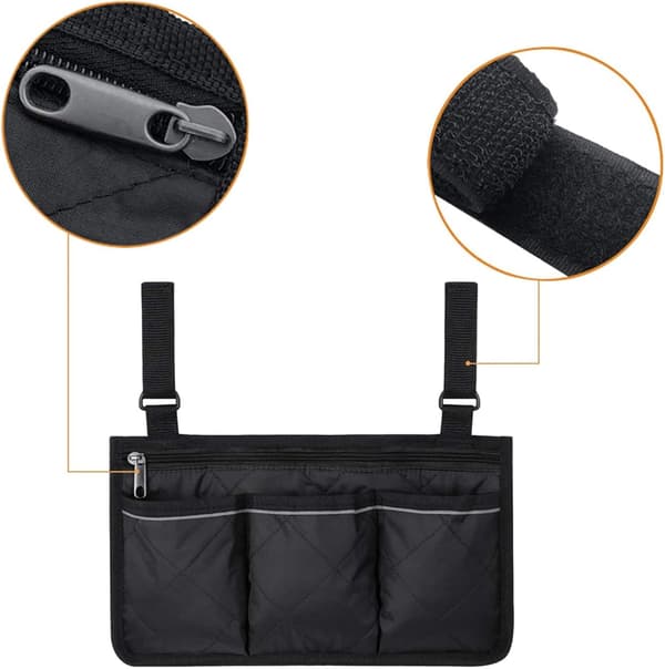 Rullstolssidoförvaringsväska med blixtlåsficka och reflexband för rullstolar, elrullstolar, barnvagnar, svart