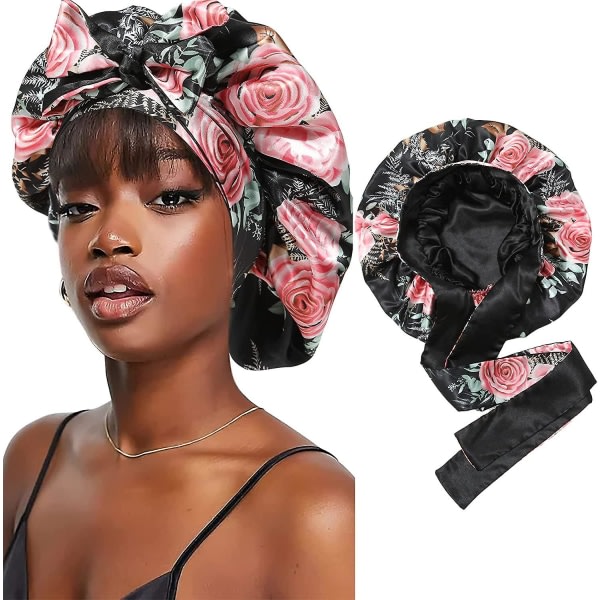 Satin Bonnet Silk Sleep Cap Hårhuvar för svarta kvinnor Stretchy Tie Black Pink Rose and Black