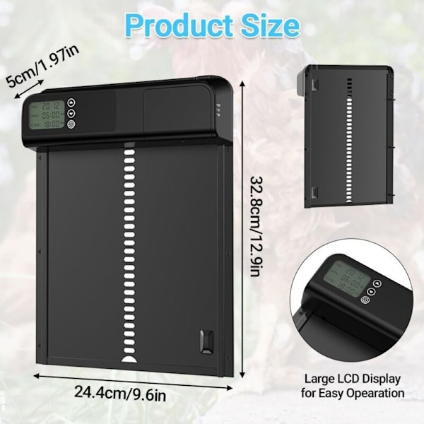 Automatisk hønsehusdør med LCD-display, hønsehusdør i aluminiumslegering, batteridrevet, timer & manuel kontrol, anti-klem funktion, sort