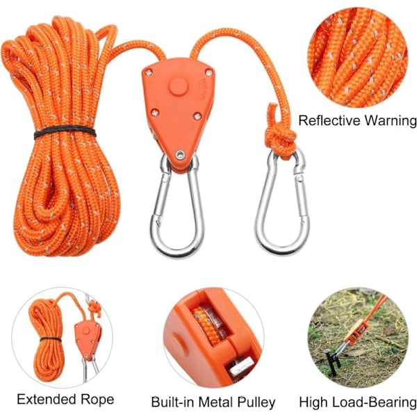 4M Justerbart Spärrlina från Pieces, Orange 1/8 Spärrhjul med 2 Ersättningskrokar, Reflekterande Spärrlina för Lampor Växter Tält Vandring