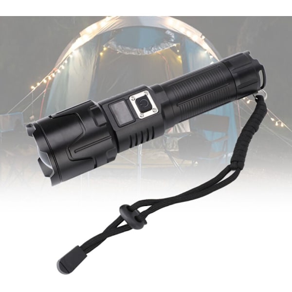 Superstark Ficklampa 3 Lägen Zoombar IPX4 Vattentät Uppladdningsbar LED-Ficklampa med LCD-Display för Camping Vandring, DUBUNS