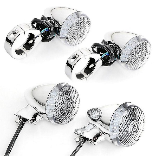 4 st LED-blinkers för motorcykel, krom och svart hölje, 41 mm, med främre och bakre gaffelklämma