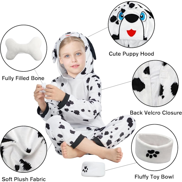 Dalmatinerdräkt för barn, 3-delad prickig hunddräkt Valpar Dalmatiner Valpar Onesie-set för pojkar flickor Halloween Karnevalfest 3-10 år 7-8 Jahre