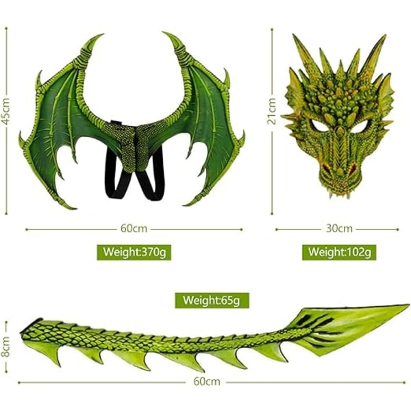 IC Drakdräkt för barn, pojkar och flickor, drakvinge, svans och maskset, cosplaykostym, halloweendräkt