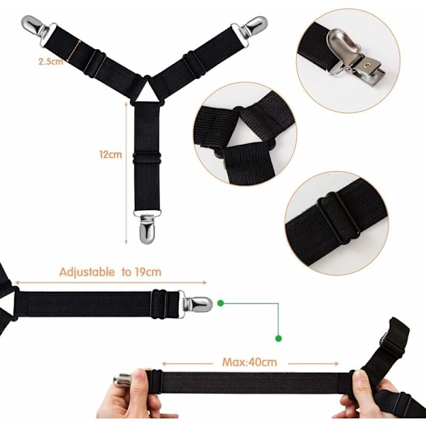 Justerbar Triangel Dra-på-lakan Hållare, Lakan Spännband för Sängkläder, Lakan, Strykbräda, Madrass, Soffa (Svart, 4-pack)