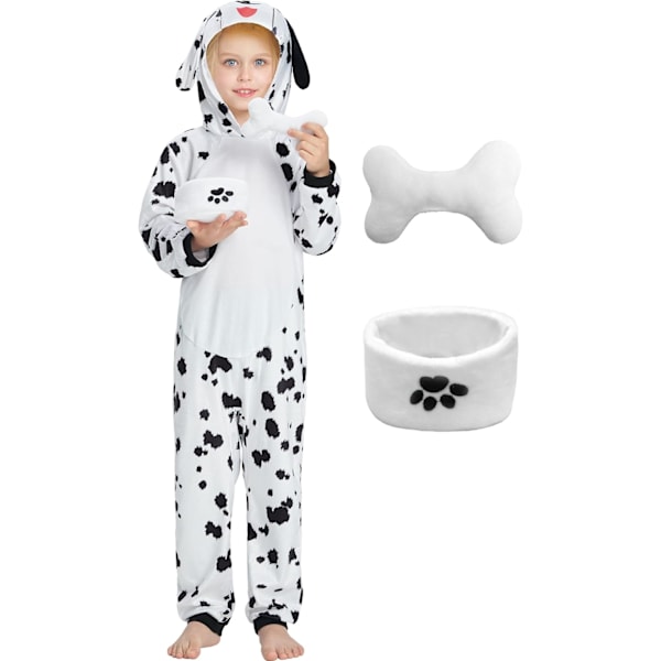 Dalmatian Costume for Kids, 3 Piece Polka Dot Dog Jumpsuit Puppies Dalmatians Puppies Onesie Set for Boys Girls Halloween Carnival Party 3-10 Years