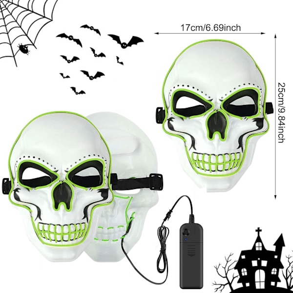 Halloween LED-maske, LED-skeletmaske, LED-rengøringsmasker, horrormaske, halloweenmaske, til karneval, halloween, cosplay og fester Green