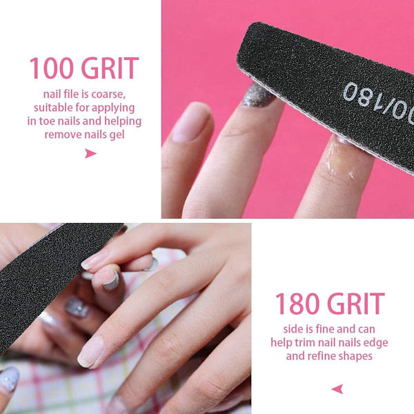 Neglefile, 100/180 Grit Dobbeltsidet Emery Board, 16 stk Professionelt Neglefil Sæt Buede Fingerneglefile til Neglepleje og Styling (Sort)