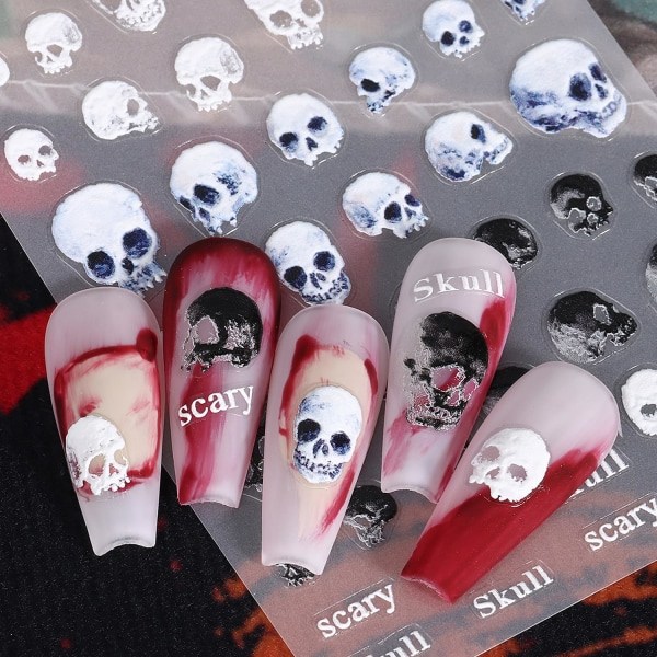 IC 5D Halloween Negledekaler, 4 stk selvklebende pregede mønstre Skaller Zombiebrud Spøkelser Gresskar Create(Corpse Bride)