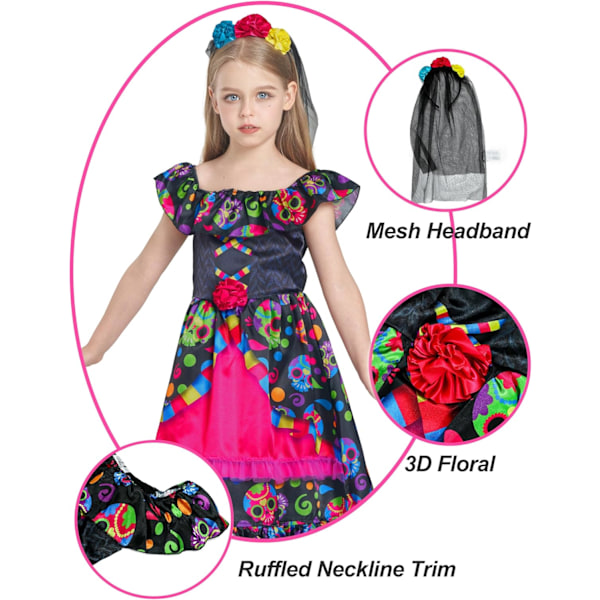 Halloween-kostyme Dødsdagen, Dia de los Muertos-kjole, kostyme brud la Catrina, skjeletkostyme for barn kvinner kvinner Multicolor 7-8 jaar
