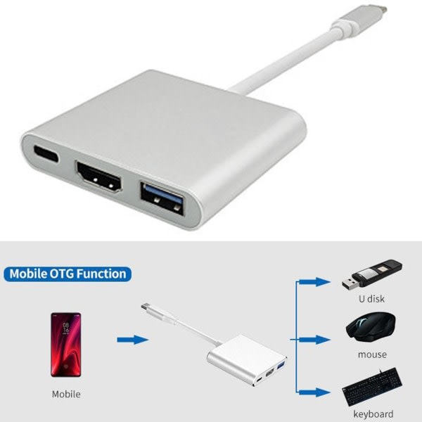 3 i 1 Typ-C till USB-C till HDMI-kompatibel kabel 4K Hub Adapter S