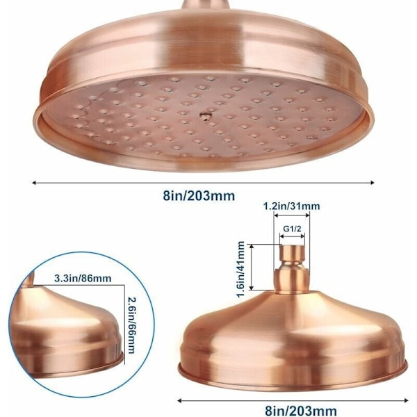 Dusjhode i kobber, 20 cm (8 tommer) diameter, høytrykks fast dusjhode med justerbar vinkel, regndusjhode - Gull..DEBUNS