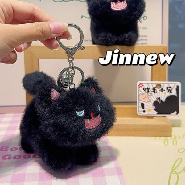 Pompom Bold Kat Plys Dukke Nøglering Dekoration SORT sort black