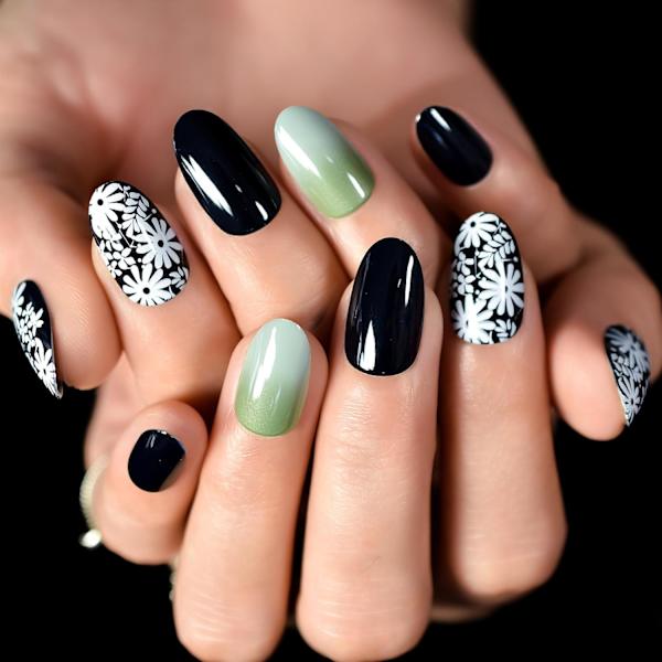 Akryl falske negle sort hvid grøn gradient gelnegle små blomster reflekterende spejl neglekunst manicure værktøj kvinder genanvendelige