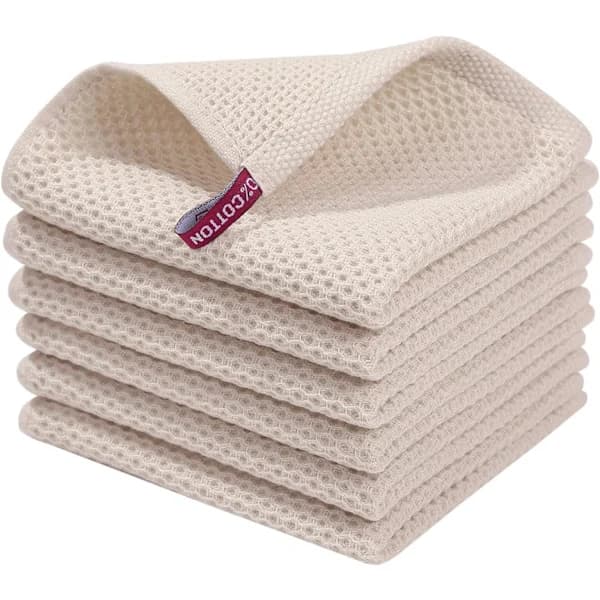 Kitchen Towels 100% Pure Cotton, 6-pack, 30 x 30 cm, Highly Absorbent Super Soft Towels, Waffle Weave Dishcloth Off-White off-white