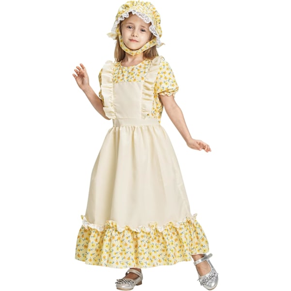 Flickor Prairie Pioneer Kostym Barn Victorian Magic Fancy Dress för Halloween Världsbokdag Karneval Party Present 3-10 År GUL 3-4 Jahre