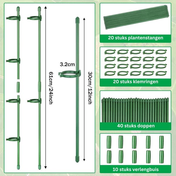 Växtstödssats, hållbara plastträdgårdsstöd med band, lock och kopplingar, för klätterväxter, blommor och tomater, grön 20-pack