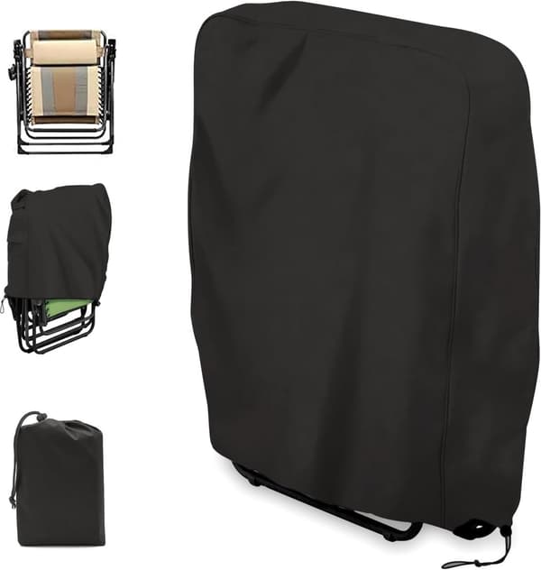Sammenklappelig stolebetræk, 420D polyester, vandtæt UV- og støvbeskyttelse, til udendørs have og terrasse, sort, 71 x 20/34 x 110 cm