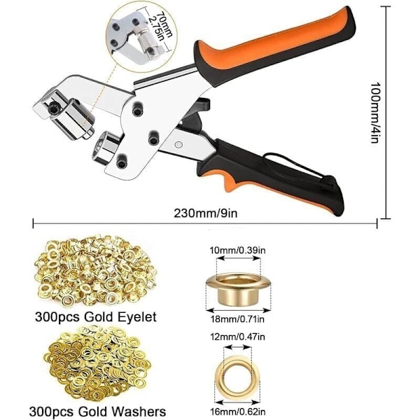 Öljettång för presenningar, 300-pack öljetter (Ø 10 mm), portabel öljettång för tyger, presenning, läder..DEBUNS
