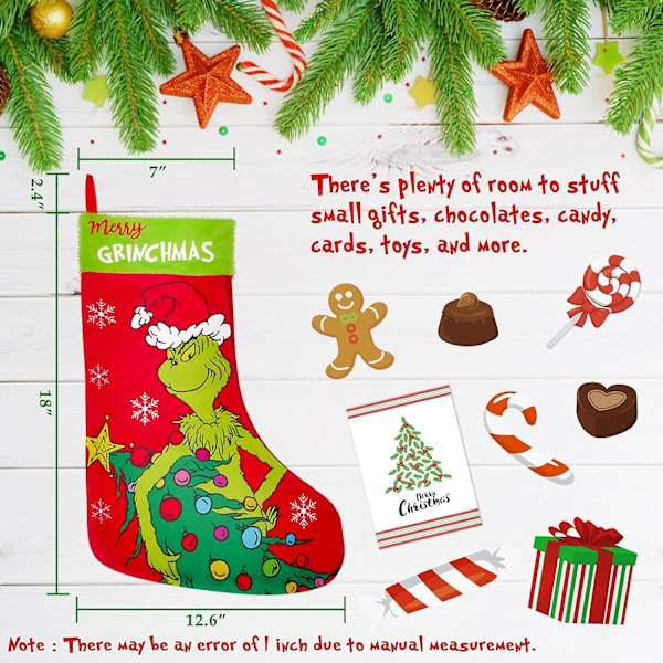 Pack Stocking 18 tum Grinch Julstrumpor Dekorationer för Familjesemesterfest Dekor