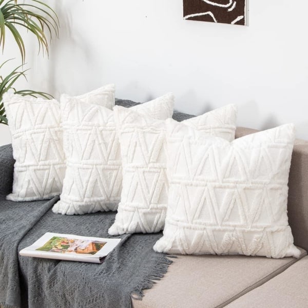 IC Dekorativa kuddfodral 18x18 set om 4 för soffa, mjukt konstgjord kort ull sammet Boho kuddfodral för vardagsrumsinredning, vit