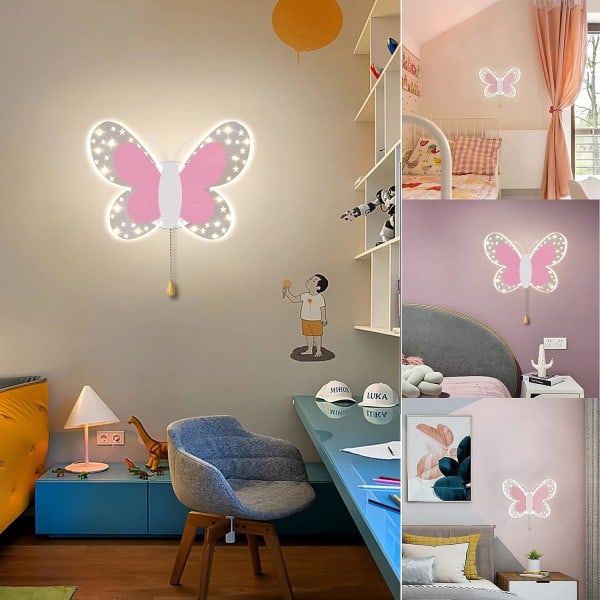 IC LED Vägglampa inomhus med strömbrytare, Barnrumsinredning Sänglampa Dimbar 3 färger Utbytbar 16W Kreativ 3D Fjäril