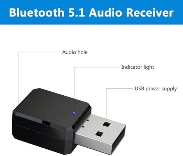 Bluetooth 5.1 USB-adapter, sender/mottaker med 3,5 mm AUX-kabel, håndfri lyd for biler, høyttalere og hodetelefoner