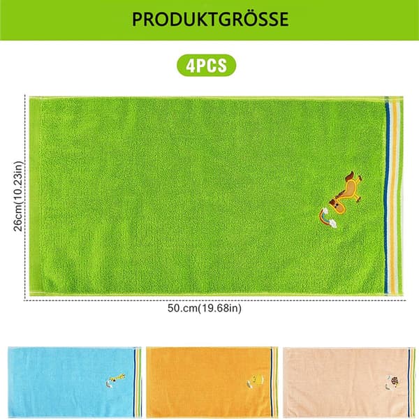 Børnehåndklæder, blødt absorberende polyester med søde dyredesigns, 4-delt sæt til ansigt, hænder og bad, flerfarvet, 50 x 25 cm
