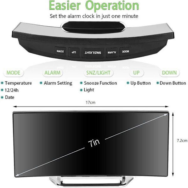 Digital Väckarklocka för Sovrum, 7'' LED-Spegelskärm, 2 Ljusstyrkor, Temperatur, Datum, USB-Driven, Minnesfunktion