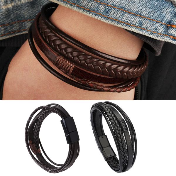 Flätat läderarmband för män och kvinnor - Manschettarmband med magnetlås - Svart och brunt - Modeaccessoarer - Presenter - Svart