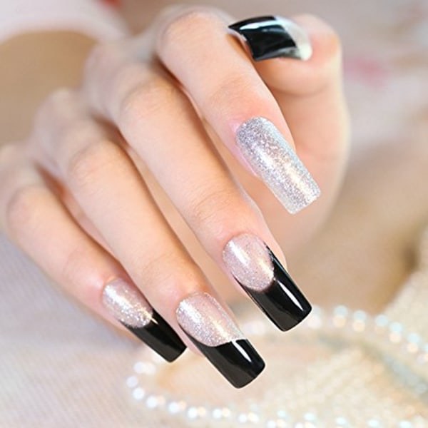 New French 24pcs Silver Slitter Square False Nails Long Full Artificial Nails Black Clear with Powder Faux Ongle Naturelle