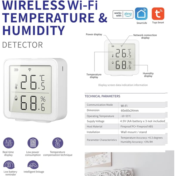 Tuya WiFi trådlös temperatursensor, Smart Home Hygrometer Termometer, Trådlös Temperatur Fuktighetssensor, Home Automation Sc