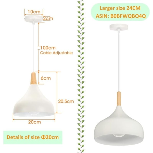 Retro Pendellampe Moderne Hattestil Taklampe E27 Metall Tre Hengelampe for Soverom Spisestue Kjøkken, Ø 20CM (Hvit 1 Pakke)