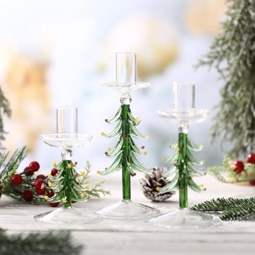 3-delad ljusstake i glas, julgransbordsdekoration för julfester och middagar, grön