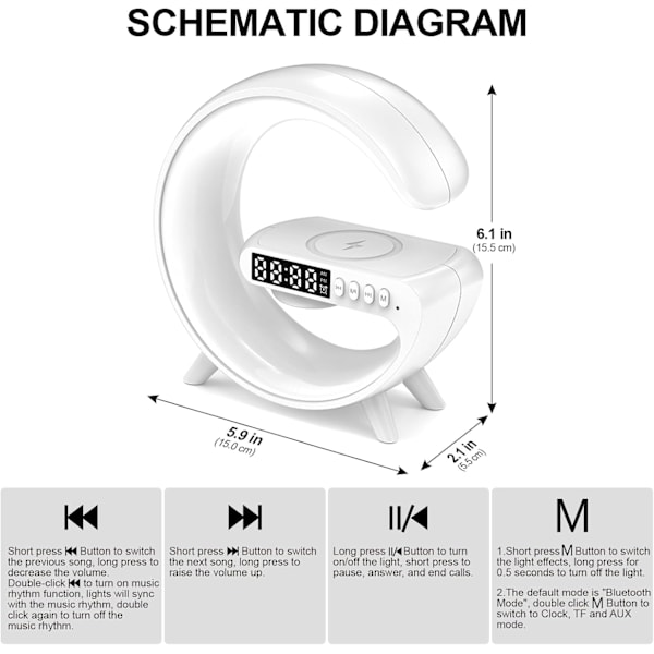 Solnedgångslarmväckarklocka med Bluetooth-högtalare, trådlös laddare, RGB-färgbyte, stämningslampa för sovrum (vit)