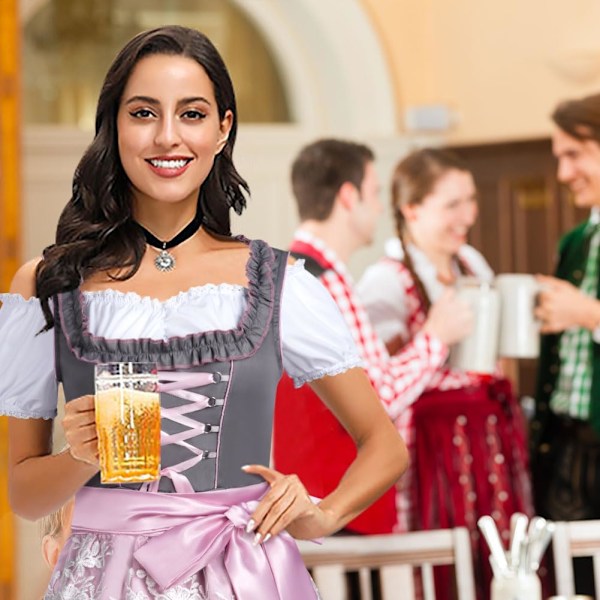 Oktoberfest-tjänstekvinna, Oktoberfest-tjänstekvinnedräkt för kvinnor med spets framtill, bayersk öltjänstekvinnedräkt för julcosplayfest karneval Rosa 36 Yardas