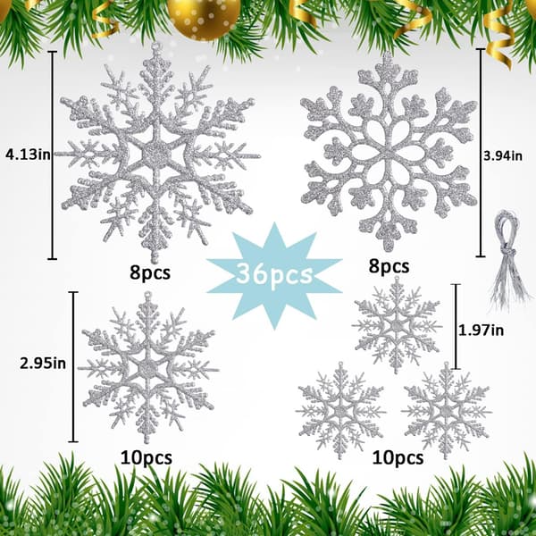 36-pack Silver Snöflingor Ornament - Plast Glitter Snöflingor för Jul och Vinter