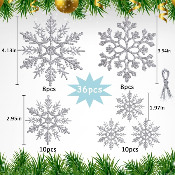 36-pakning Sølv Snøfnuggpynt - Plast Glitter Snøfnugg for Jul og Vinter