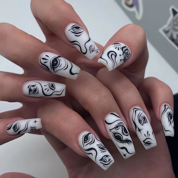 Long Press on Nails Coffin White Fake Nails Ballerina Eye Graffiti False Nails with Designs Black Line Full Cover Acrylic Nails Glue on Nails 24PCS