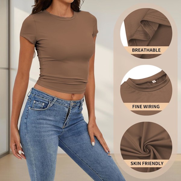 Basic slim fit t-shirt för kvinnor, skims Y2K topp dupe, crop tops kvinnor, magfri topp kvinnor, basic crop tops casual atletisk topp tonåring streetwear, Y2K skjorta BRUN L