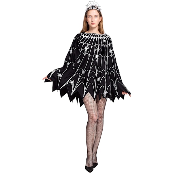Spindelvævs-kjole poncho kostumer med glødeffekt og krone til kvinder halloween fest XL
