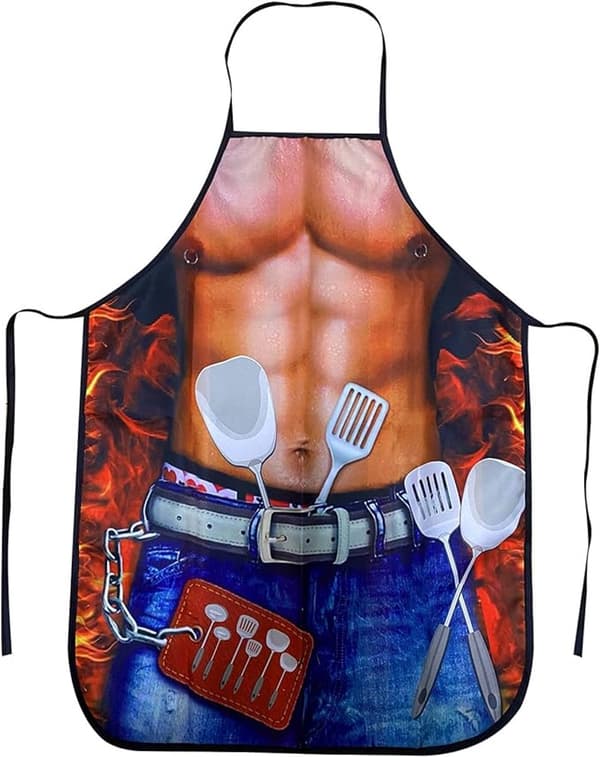 Grillforkle for menn, morsomt muskeltrykk i bomull-polyesterblanding, maskinvaskbart, for grilling og kjøkkenbruk, 80 x 60 cm