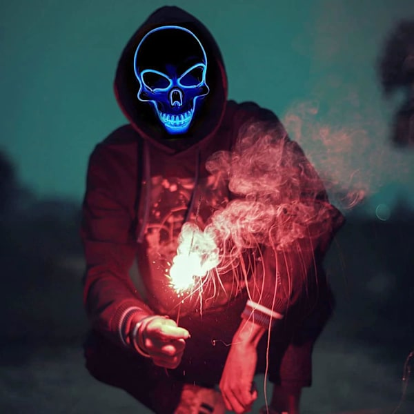 Halloween LED-mask, LED-skelettmask, LED-rengöringsmasker, skräckmask, halloweenmask, för karneval, halloween, cosplay och fester Blue
