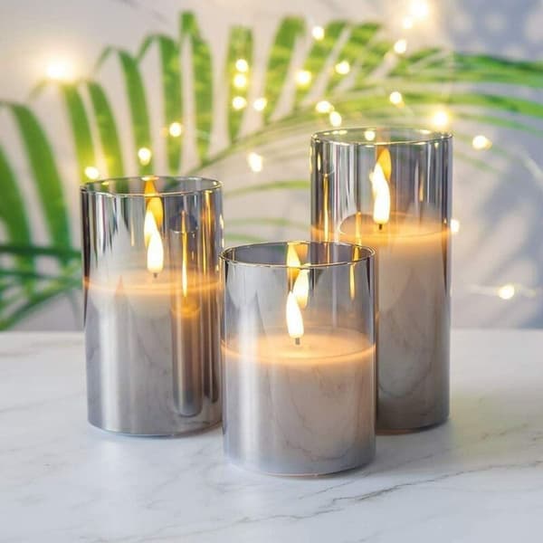 3-pack flimrande LED-ljus i silvergrått glas med fjärrkontroll