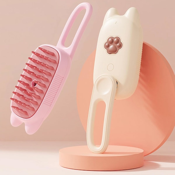 Dampbørste til kat - 3-i-1 selvrensende massagebørste - Genopladelig silikonebørste til fjernelse af hår fra kæledyr Pink Cat