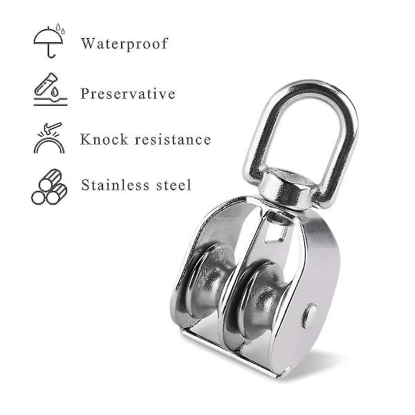 20mm Dubbel Remskiva Block, Rostfritt Stål Remskiva, Kran Roterande Smidig Wire Rep Lastning 75kg - 2 Stycken